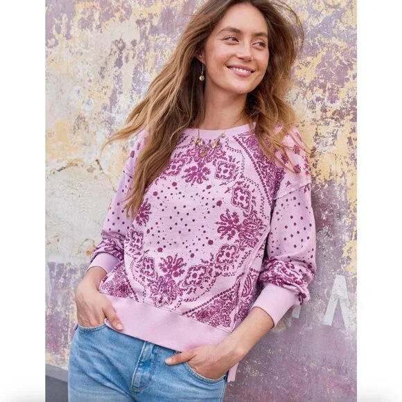 NWT Sundance Sz XXL Maebelle Pink Sweatshirt Embroidered Paisley Boho Loungewear - Picture 2 of 10